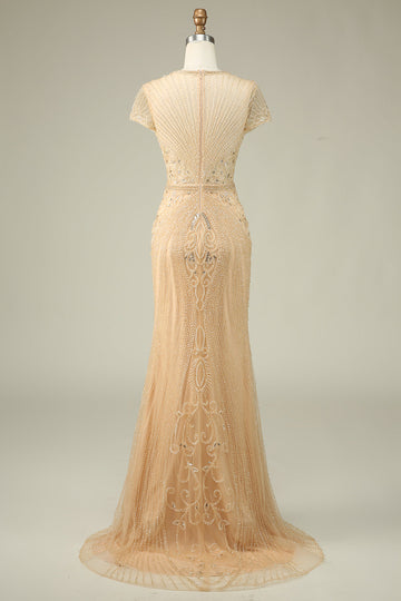 Luxurious Mermaid Jewel Neck Champagne Ball Dress with Beading